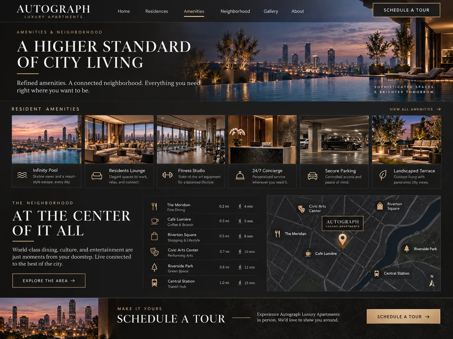 Autograph amenities and neighborhood page with infinity pool, lounge, fitness studio, concierge, parking, terrace, nearby destinations, and location map