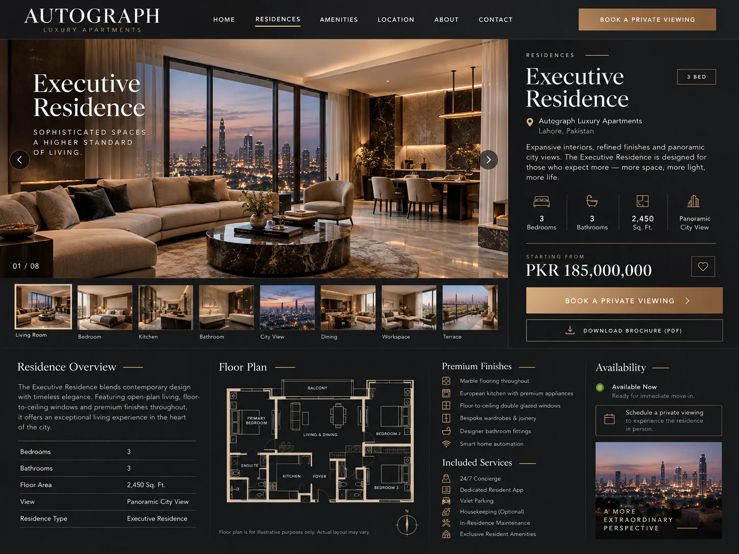 Executive Residence detail page with interior gallery, specifications, panoramic city view, floor plan, premium finishes, services, availability, and private viewing