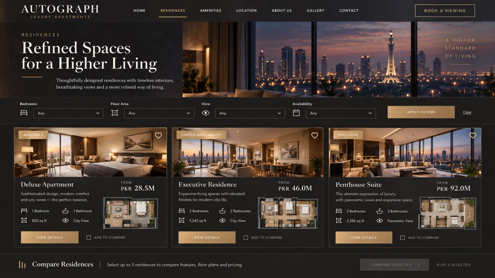 Autograph residences and floor plans page with apartment filters, availability, prices, specifications, floor plan previews, and comparison controls