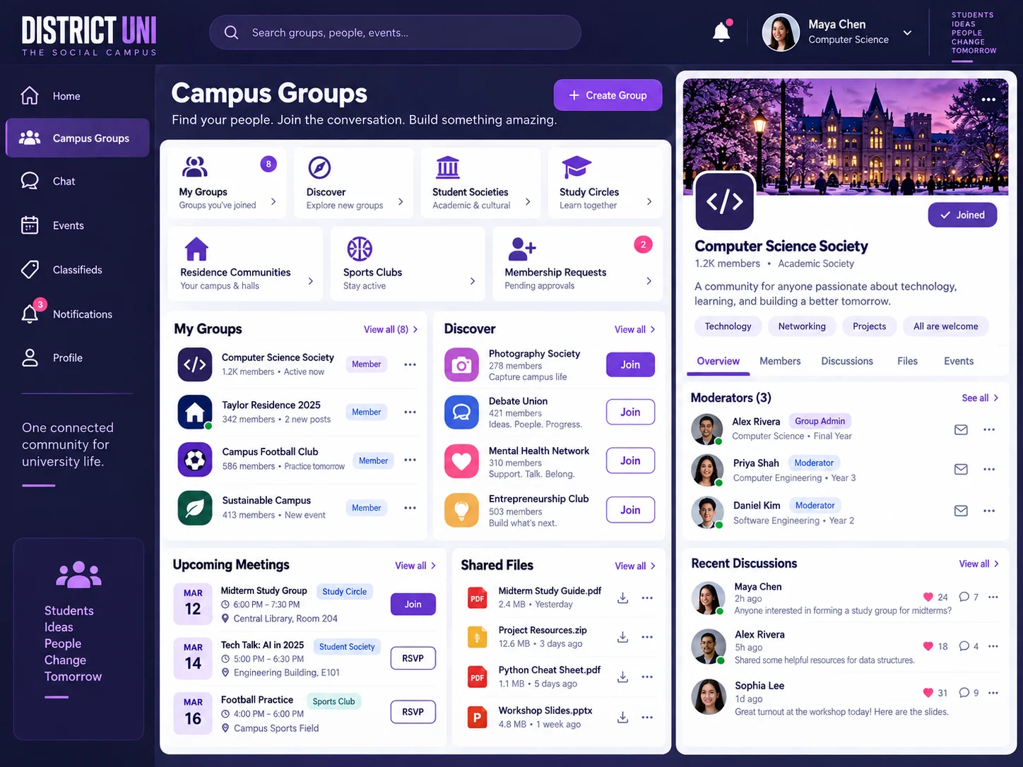 Campus groups workspace with student societies, study circles, communities, membership requests, meetings, files, moderators, and discussions