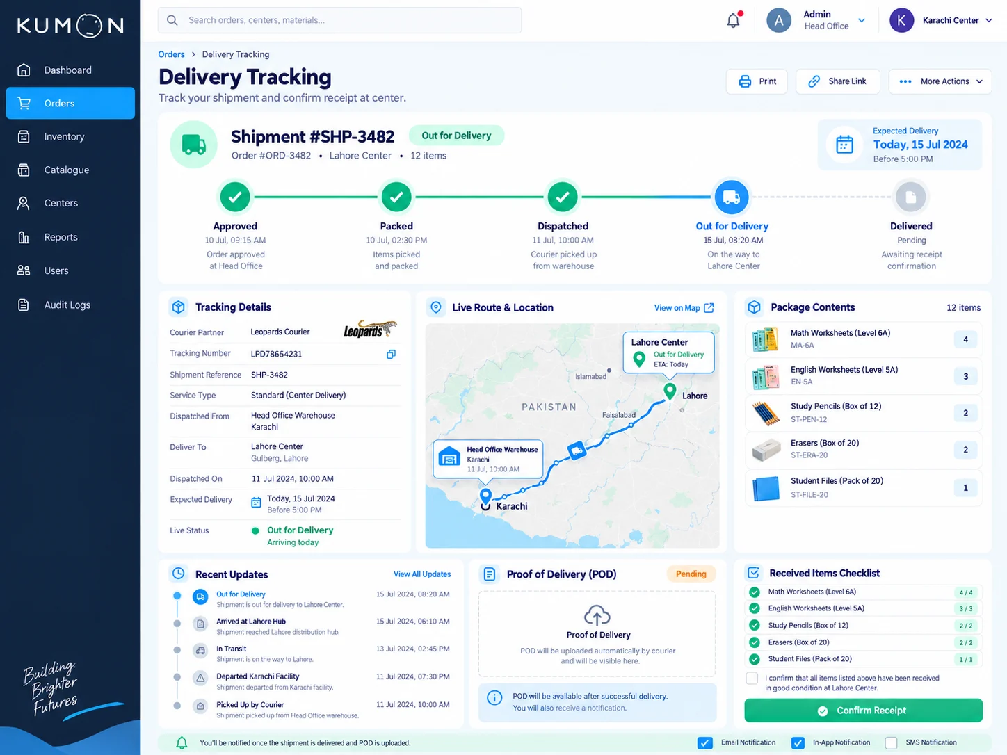 Delivery tracking workspace with shipment milestones, live route from head office to learning center, courier details, package contents, proof of delivery, updates, and receipt confirmation