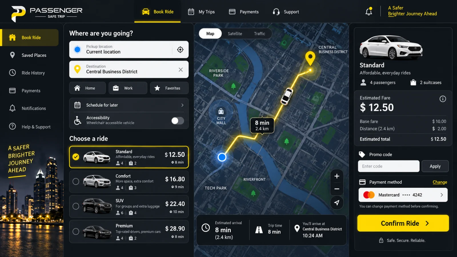 Passenger ride booking workspace with pickup, destination, route map, vehicle categories, fares, ETA, accessibility, scheduling, payment, and confirmation