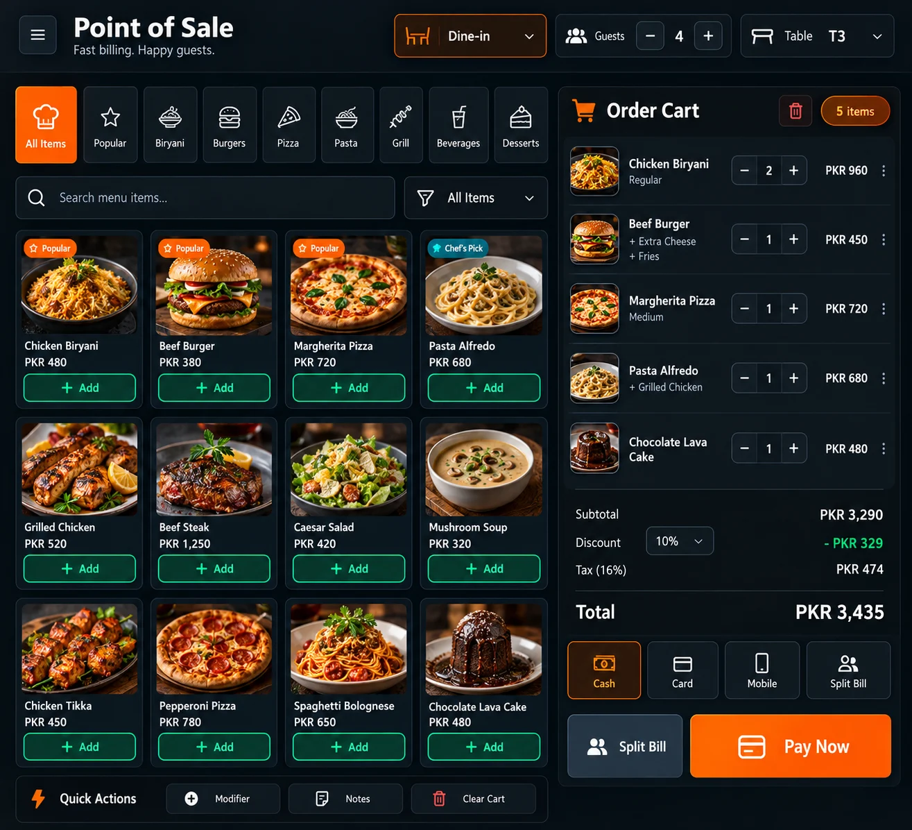 Restaurant point of sale screen with menu, order cart, billing, and payment controls