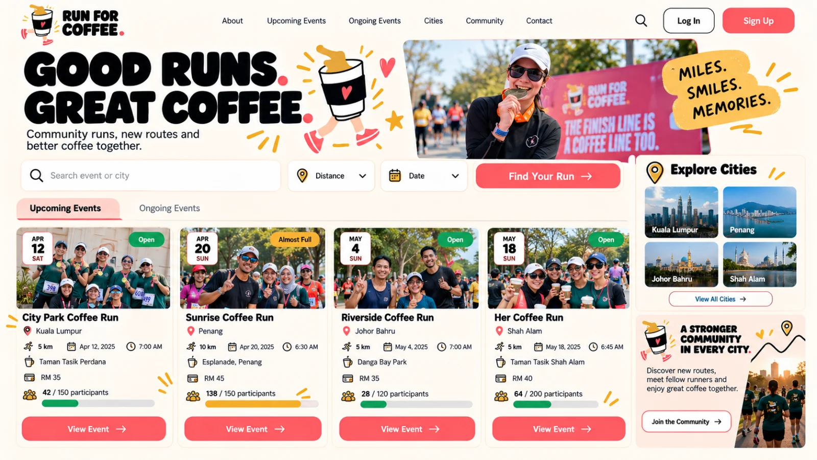 Run for Coffee event discovery page with search by event or city, distance and date filters, upcoming and ongoing event cards, runner photography, venues, fees, capacity, and city exploration