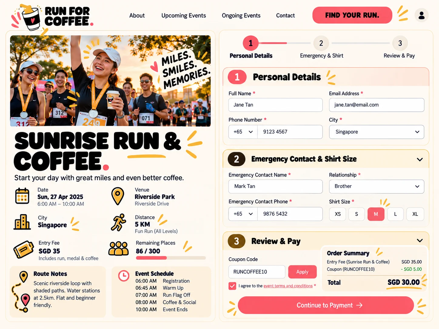 Sunrise Run and Coffee event detail and three-step registration workspace with date, venue, distance, remaining places, schedule, personal information, emergency contact, shirt size, coupon, terms, and payment review