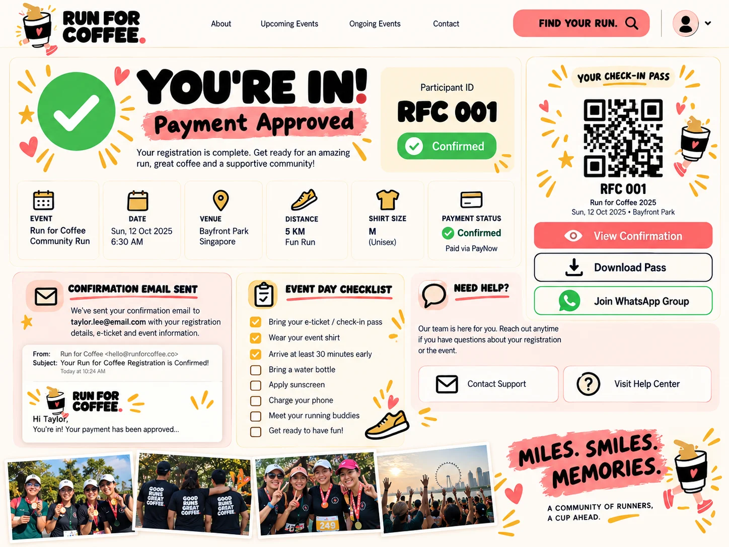 Approved participant confirmation page with participant ID, event information, shirt size, payment status, check-in pass, email preview, event-day checklist, private confirmation, download, support, and WhatsApp group invitation