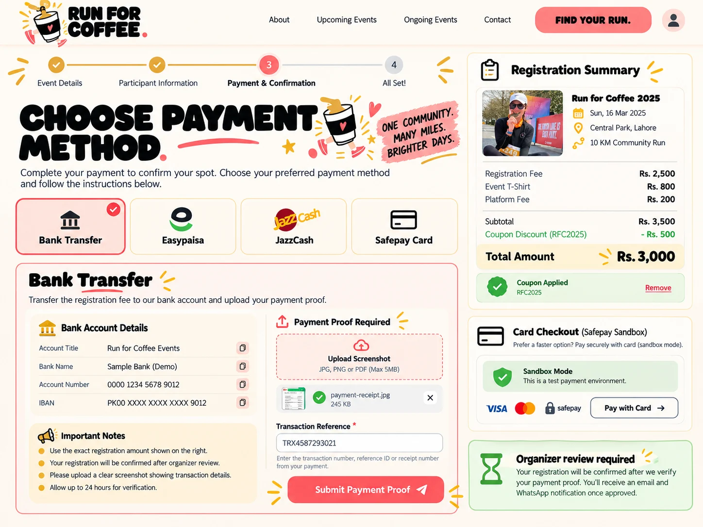 Run for Coffee checkout with bank transfer, Easypaisa, JazzCash and Safepay options, registration summary, coupon discount, payment account details, required proof upload, transaction reference, and organizer review notice