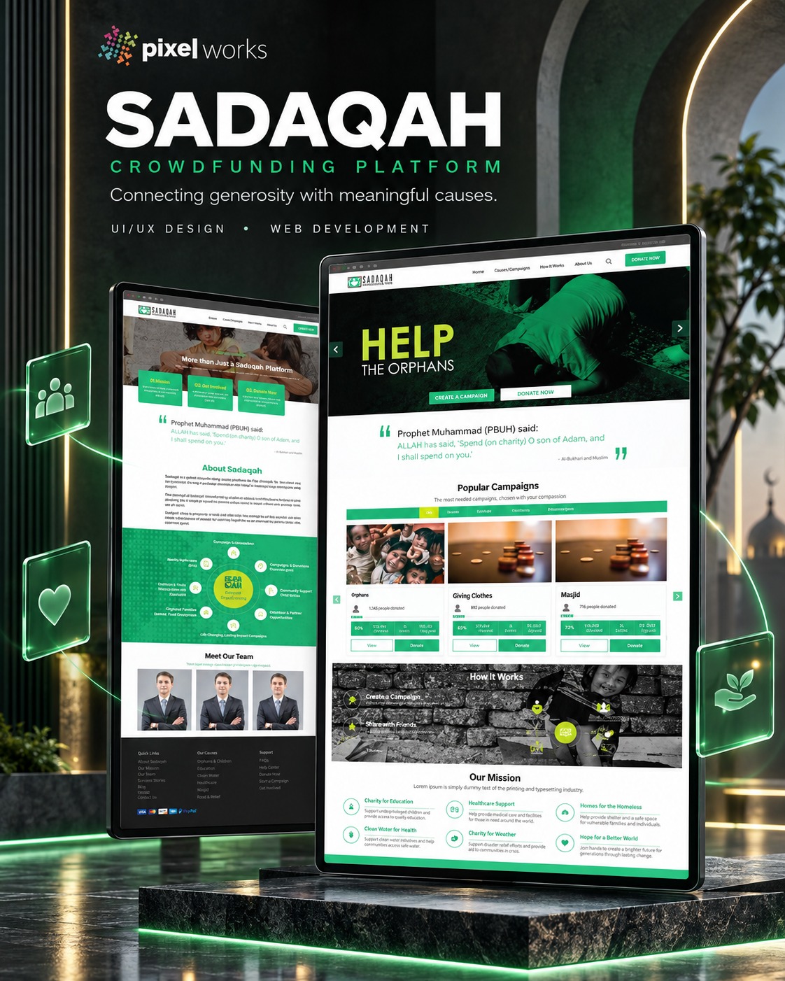 Sadaqah crowdfunding platform displayed across responsive web experiences