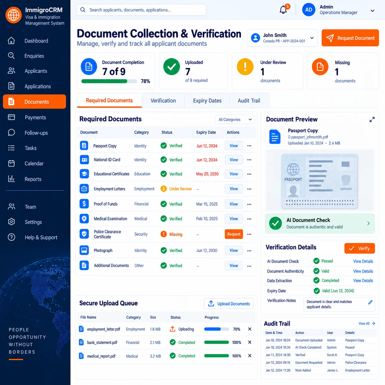 Document collection and verification workspace with required files, AI checks, expiry dates, upload queue, and audit trail